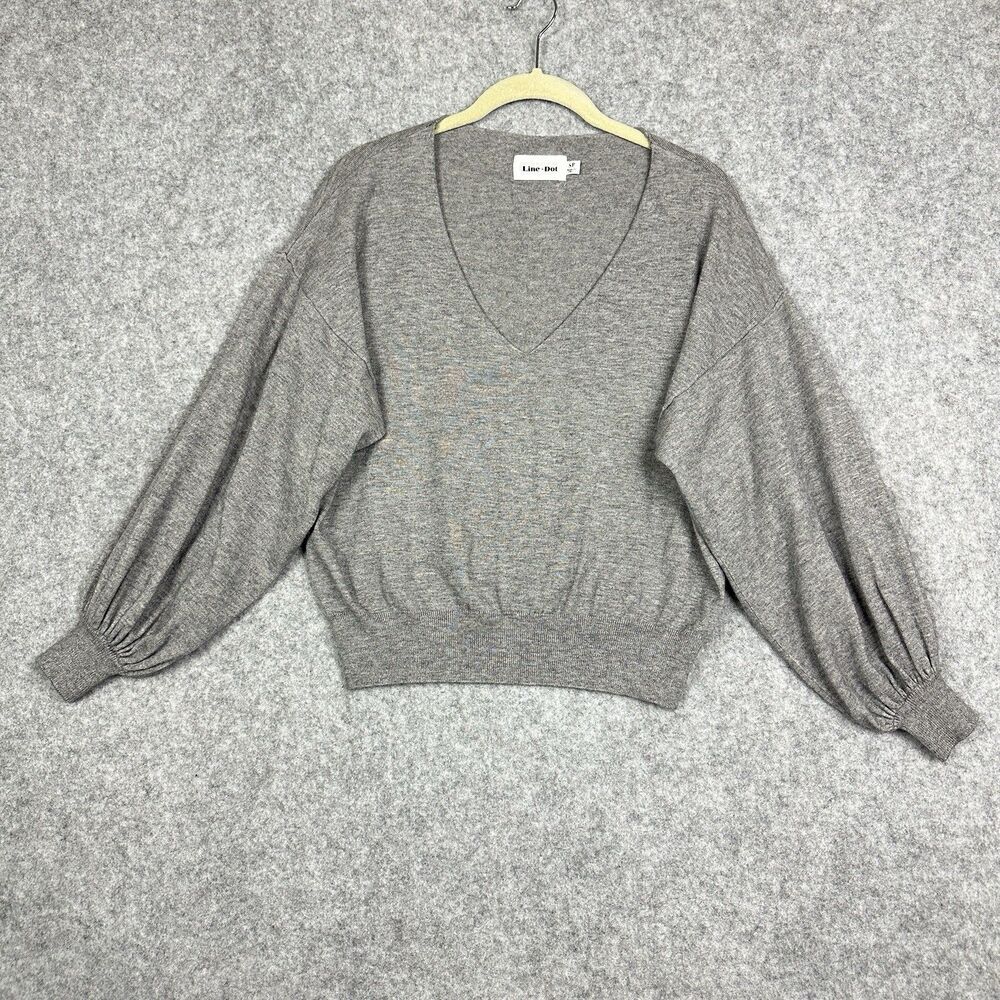 Line and Dot Sweater Top Womens Small Gray V Neck Long Balloon Sleeve Stretch